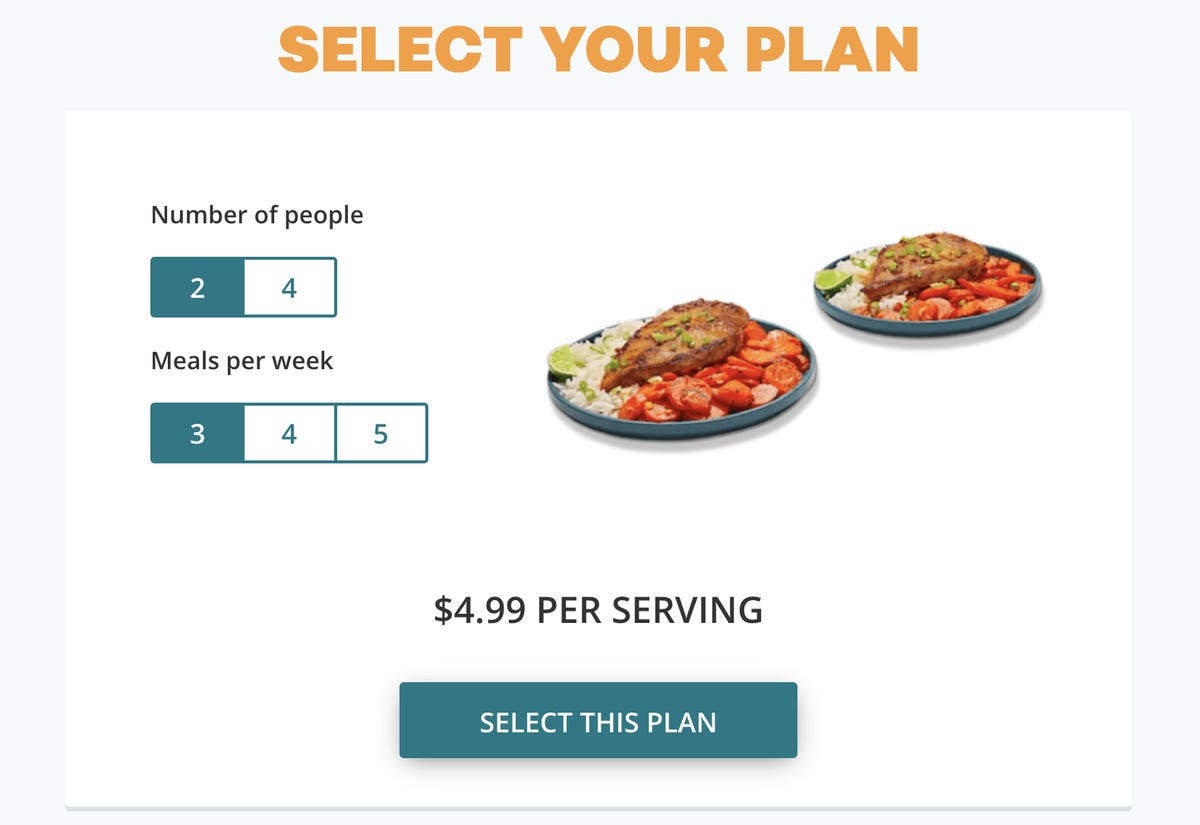 web page to select a plan between people and meals per week
