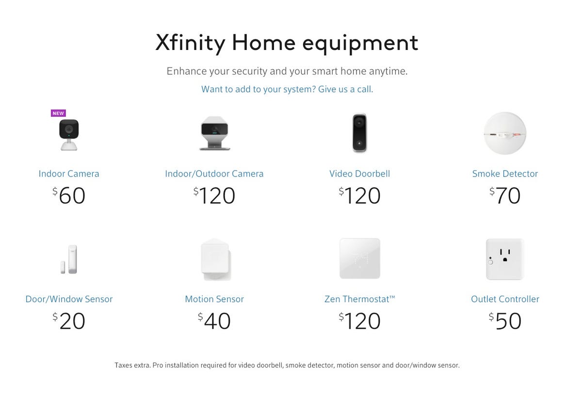 Listing of the available Xfinity Home security equipment with prices