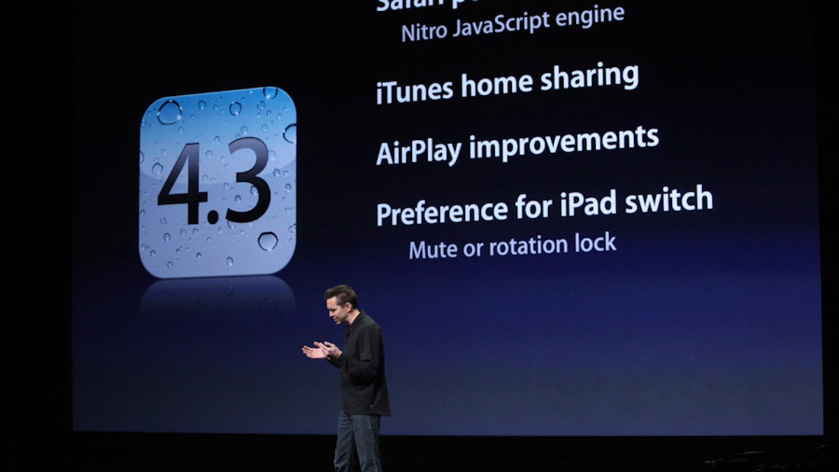 Scott Forstall, senior VP of iOS Software, talking about iOS 4.3 during Wednesday&apos;s iPad 2 event.