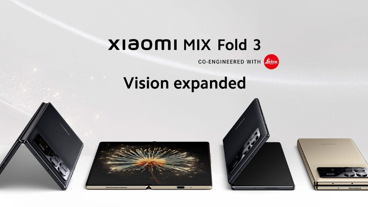 The Xiaomi Mix Fold 3 phone in various positions, folded and unfolded