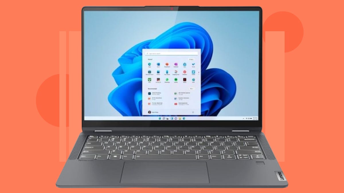 Lenovo Flex 5i 14" Laptop against orange background