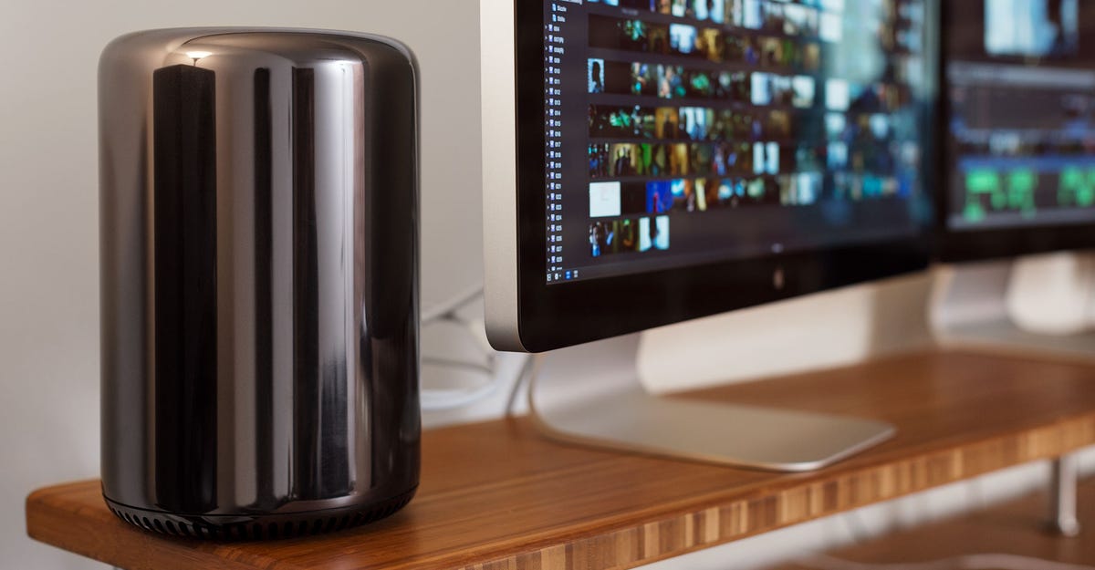 Apple's cylindrical Mac Pro, which brought some style to the boxy world of workstations, is shown here running Final Cut Pro X to edit the movie "Focus."