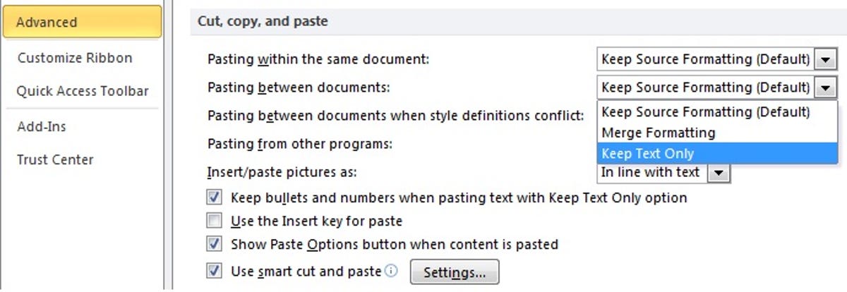 Microsoft Word 2010 Advanced settings: Cut, copy, and paste section.