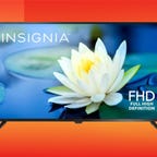 THe Insignia 43-inch N10 Series HD TV is displayed against a gradient orange and red background.