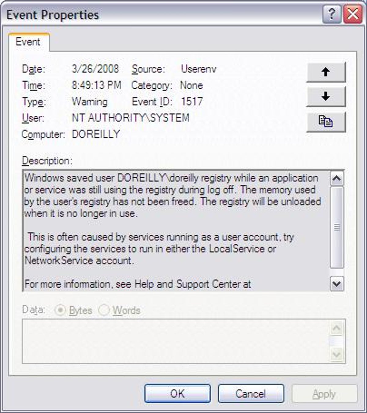 Windows XP Event Viewer Properties dialog box