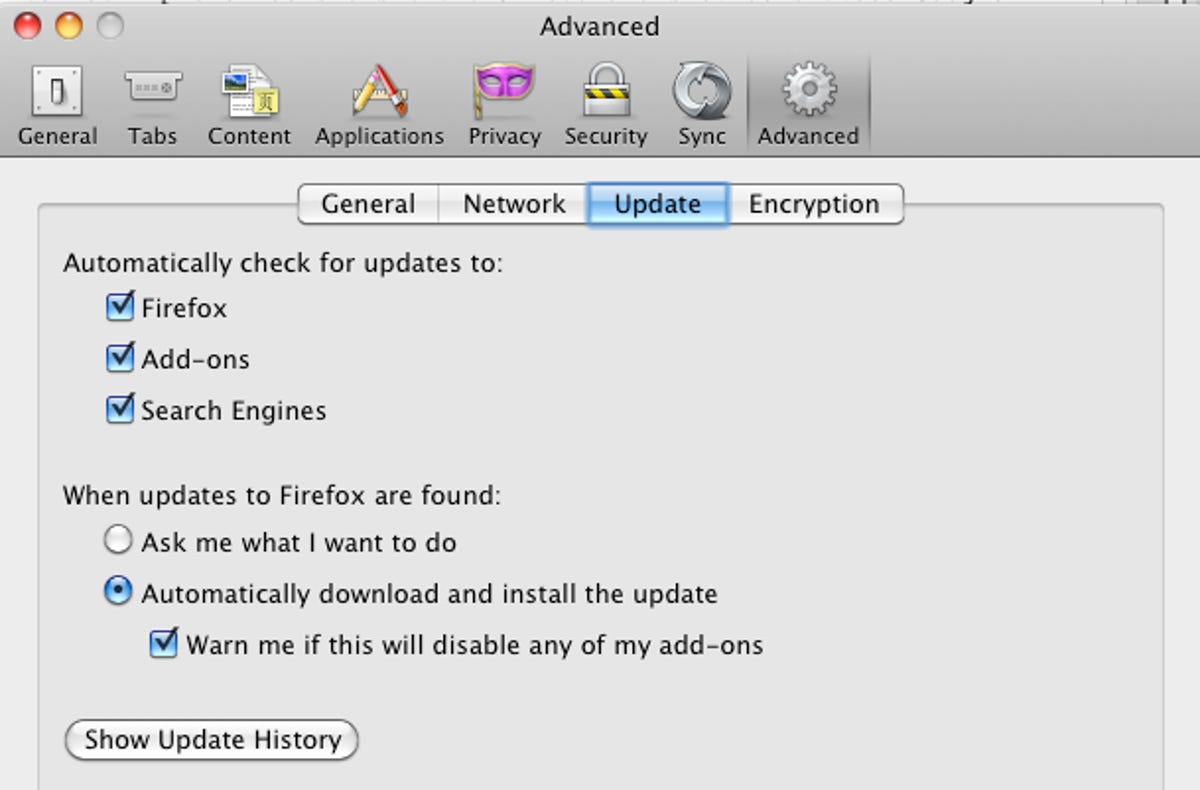 Mozilla Firefox Advanced > Update settings