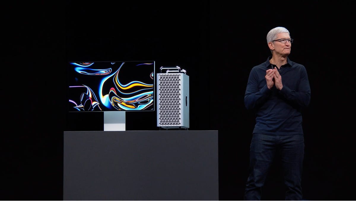The 2019 Mac Pro on stage alongside Apple CEO Tim Cook