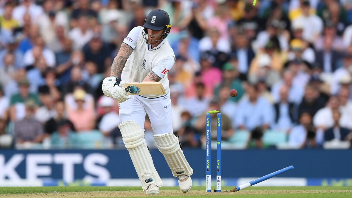 England cricket batsman Ben Stokes in action during a match with his wicket having been struck.