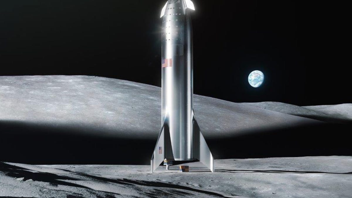 A rendering of SpaceX's Starship on the moon.