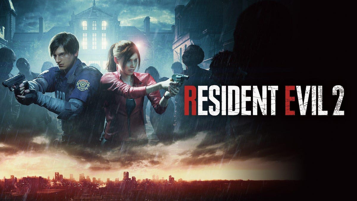 Resident Evil 2 title card showing a man and woman standing back to back