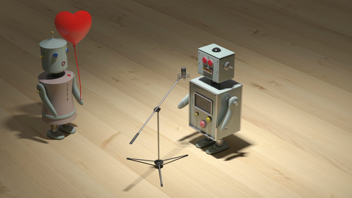 Male robot sining a love song for female robot