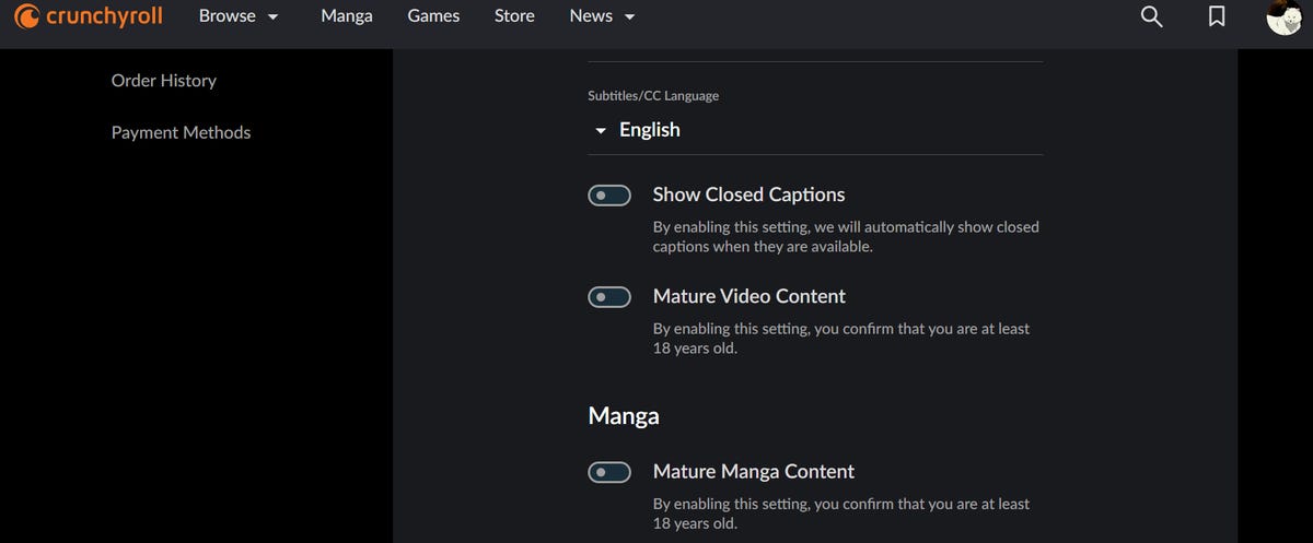 dark screen showing maturity settings on Crunchyroll web app