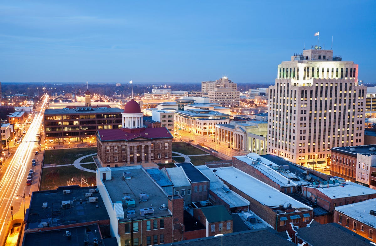 View of downtown Springfield, Illinois at dusk.
