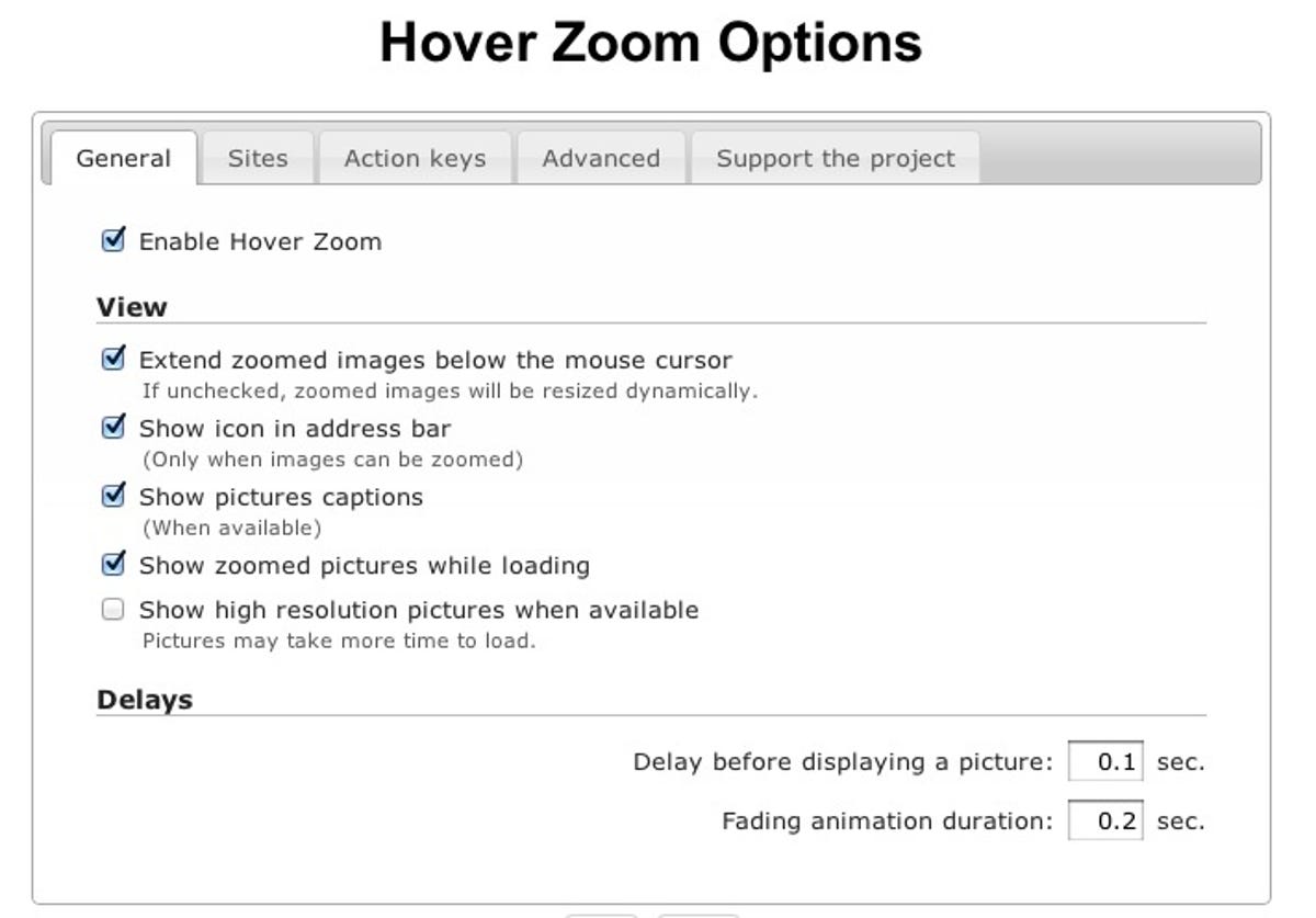 Hover Zoom extension settings