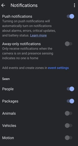 Screenshot of notifications settings for Nest Doorbell