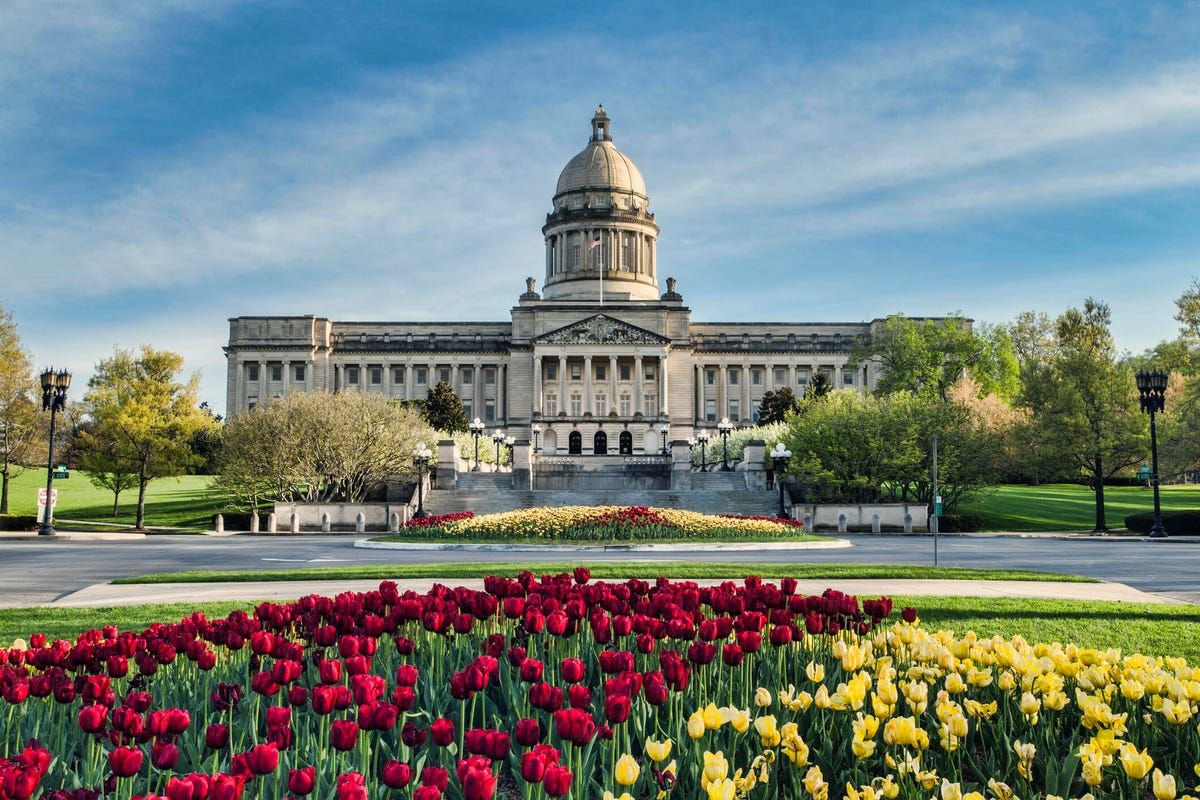 The Kentucky state capitol building, located in Frankfort, seen from the front, with a collection of red and yellow daffodils in the foreground.