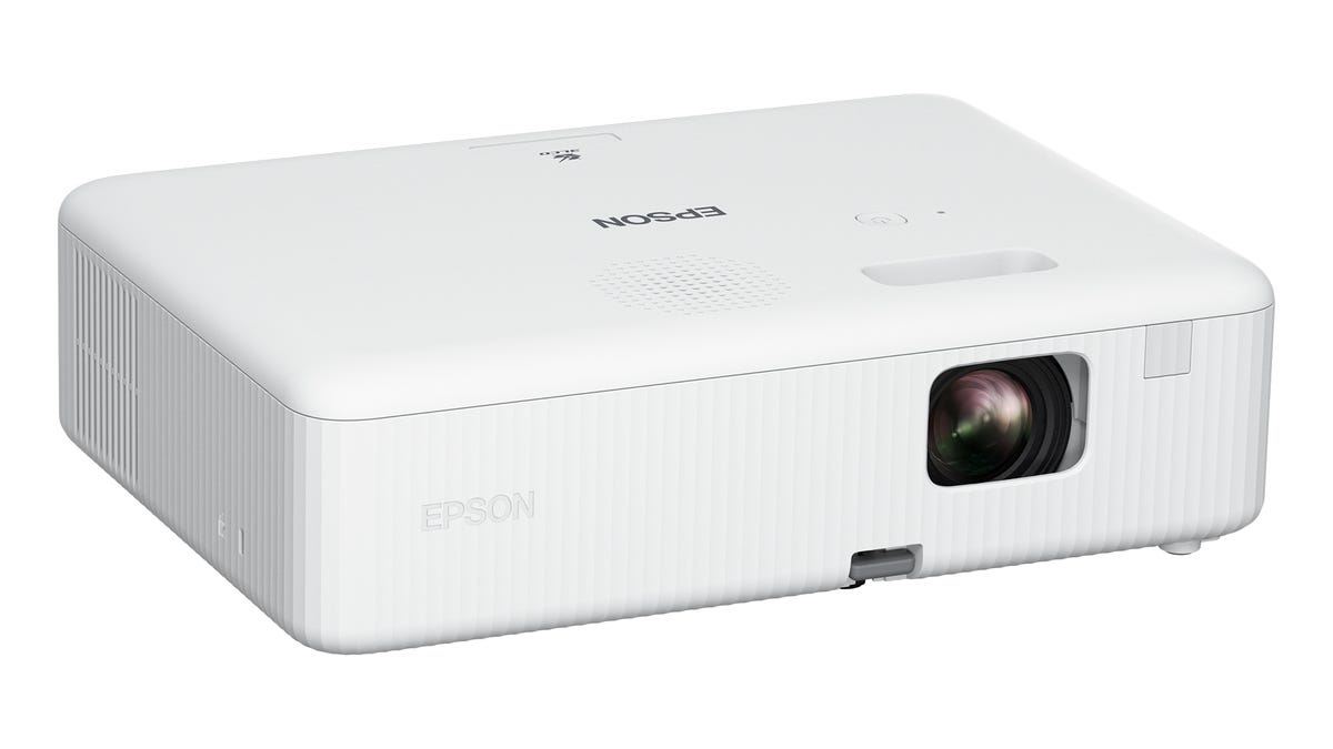 A diagonal view of the Epson EpiqVision Flex CO-W01 projector.