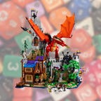 A lego house with a lego dragon on top on a blurry dice background