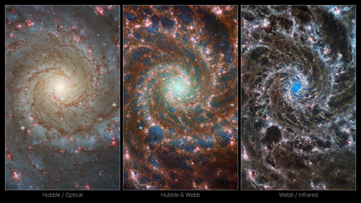 Three views of the spiral, glittering Phantom Galaxy, the first in optical from Hubble, the second combined Hubble and Webb and the third Webb, each showing different colors and details of stars and dust.