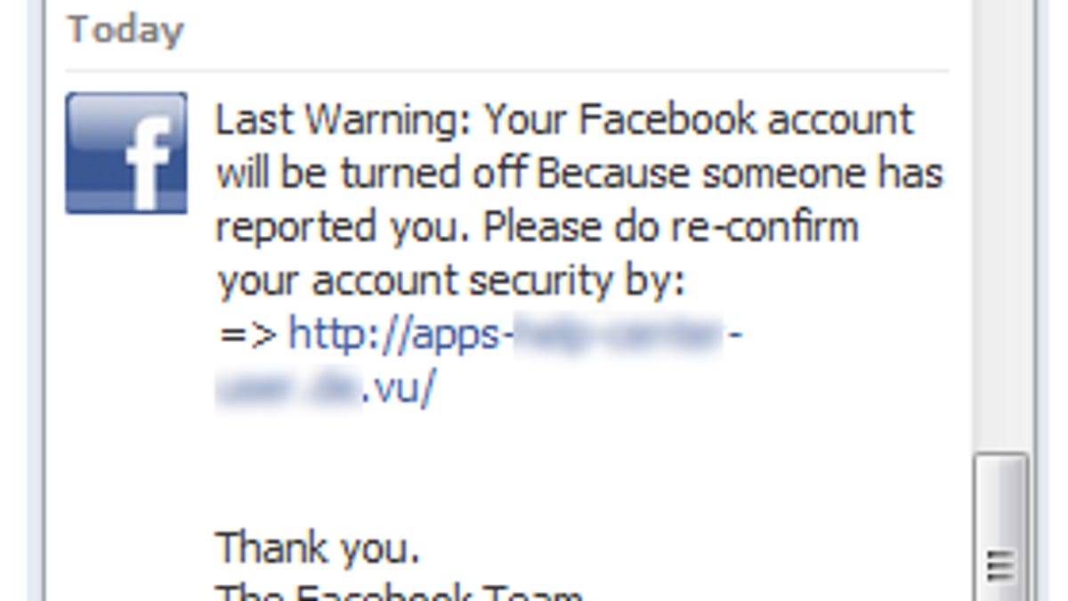 This screenshot shows what the scam Facebook chat message looks like.