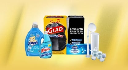 Cleaning supplies against a yellow background.