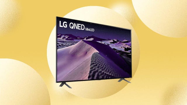 The LG 65-inch 85 Series 4K smart TV is displayed against a yellow background.