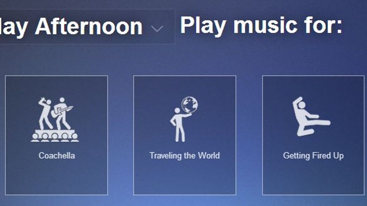 Songza (shown here on the Web) plays an endless supply of music based on how you're feeling or what you're doing -- all of it commercial-free. Who needs a music library?