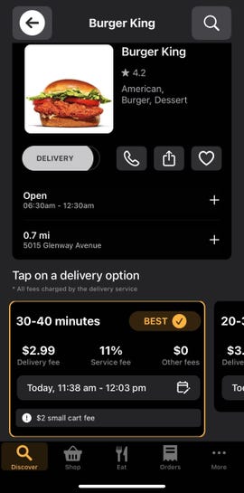 MealMe app showing ordering options for a Burger King