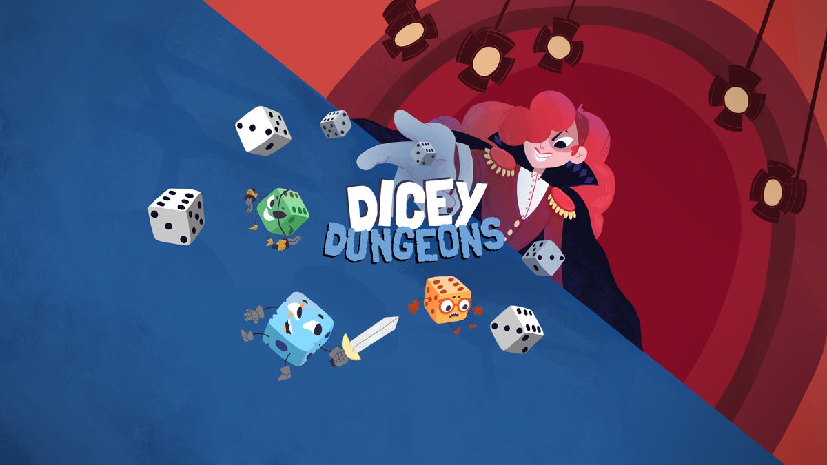 Title card for Dicey Dungeons showing anthropomorphic dice fighting against a woman
