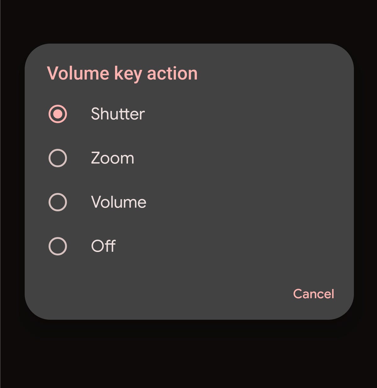 Una captura de pantalla que muestra las opciones de acción de la tecla de volumen en el Pixel