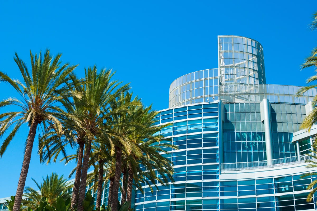 Scenic landscape of the Anaheim Convention Center with palm trees in the foreground and a bright blue sky in the background.