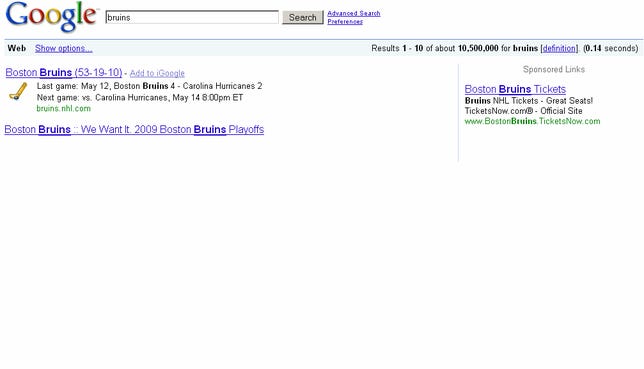 This is all that a usually instant search for 'Bruins' showed after 10 seconds. Click to enlarge.