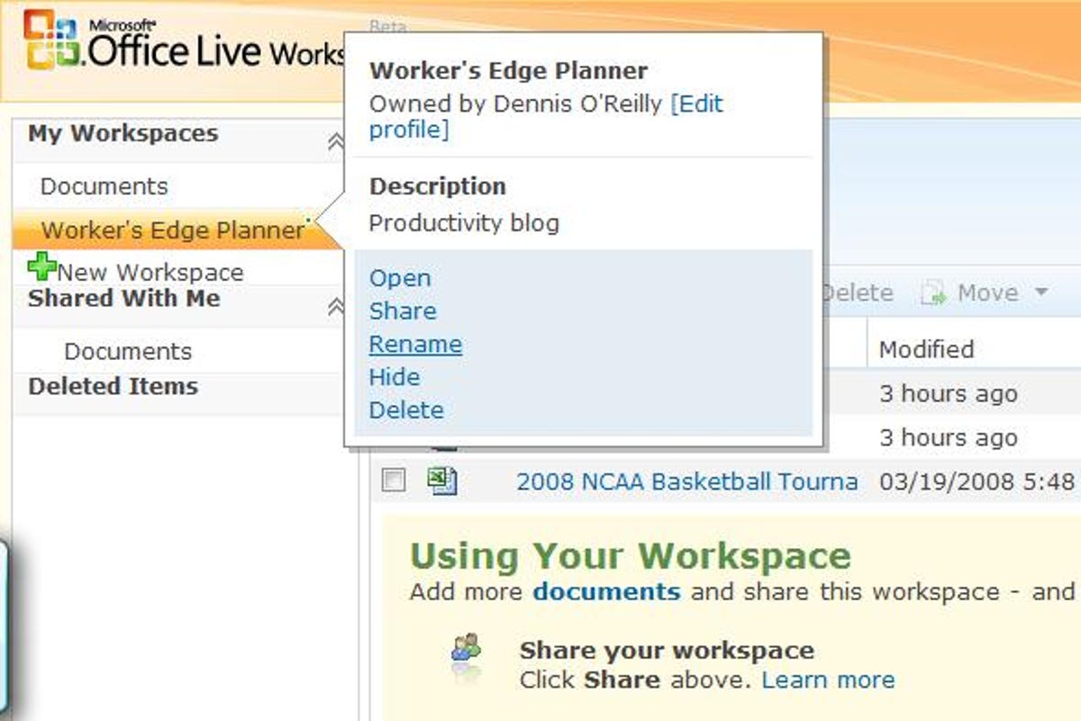 Microsoft Office Live Workspace options