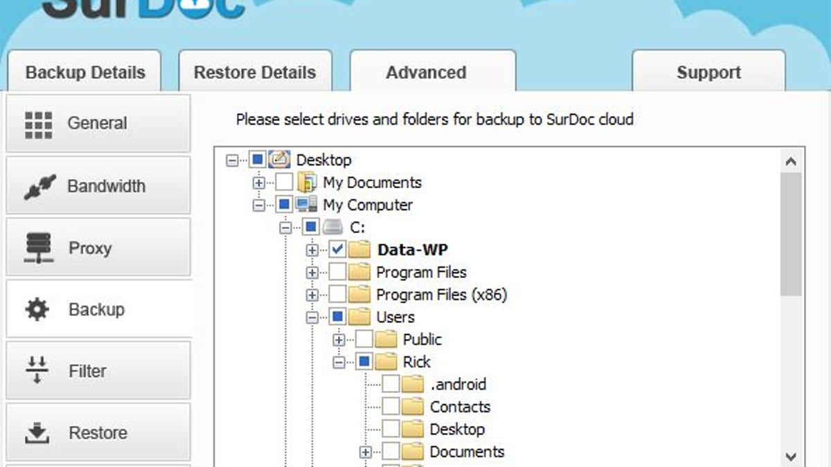 SurDoc's desktop client makes it easy to choose the folders you want to back up.