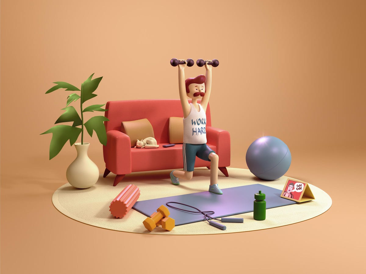 A claymation person working out in his living room