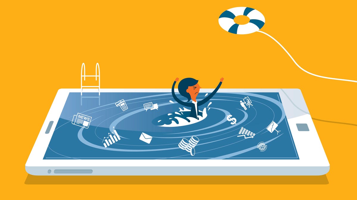 An illustration of a woman drowning in a pool shaped like a mobile phone
