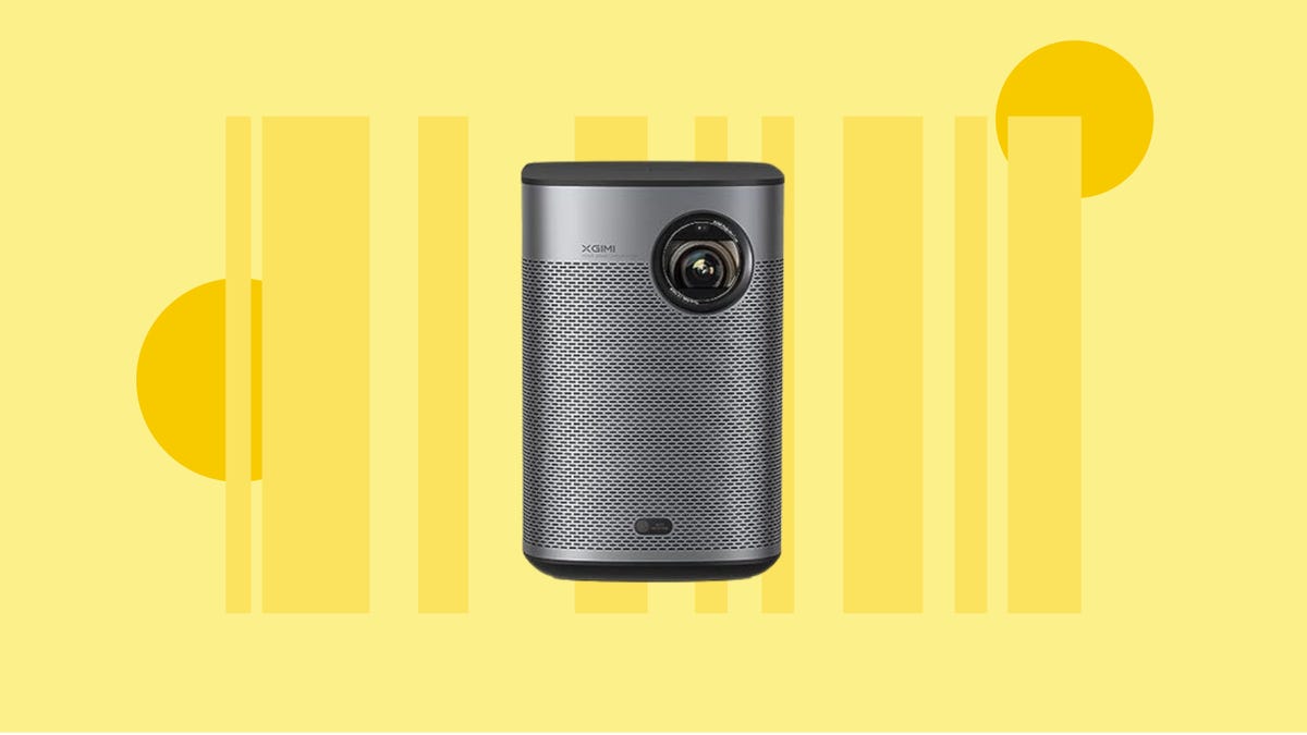 The Xgimi Halo Plus portable projector is displayed against a yellow background.