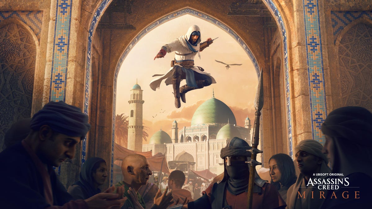 A character from Assassin's Creed Mirage floats above group of people.