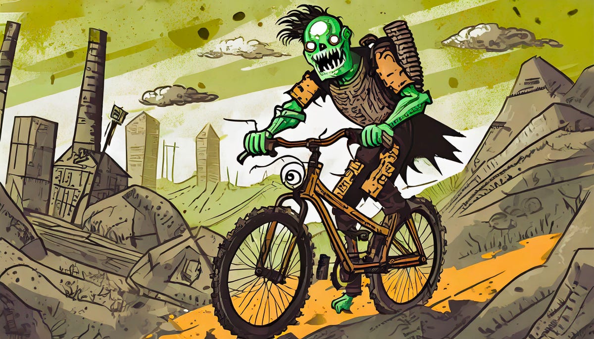 An Adobe's Firefly-generated image of a ghoul wearing a heavy metal outfit mountain biking through a post-apocalyptic wasteland