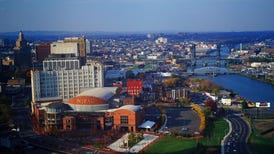 Aerial view of Newark, New Jersey, featuring the New Jersey Performing Arts Center.