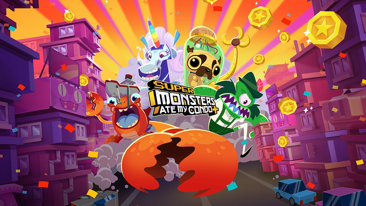 Super Monsters Ate My Condo Plus art showing four giant monsters crashing through a city