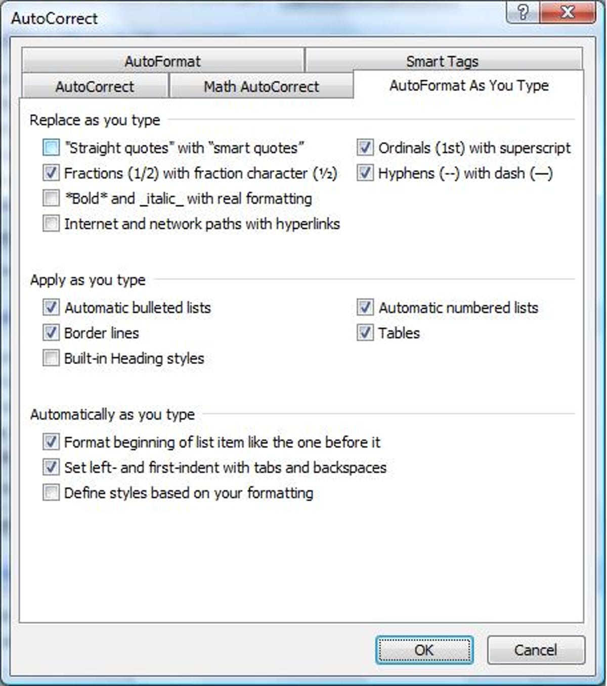 Microsoft Word's AutoFormat As You Type dialog box