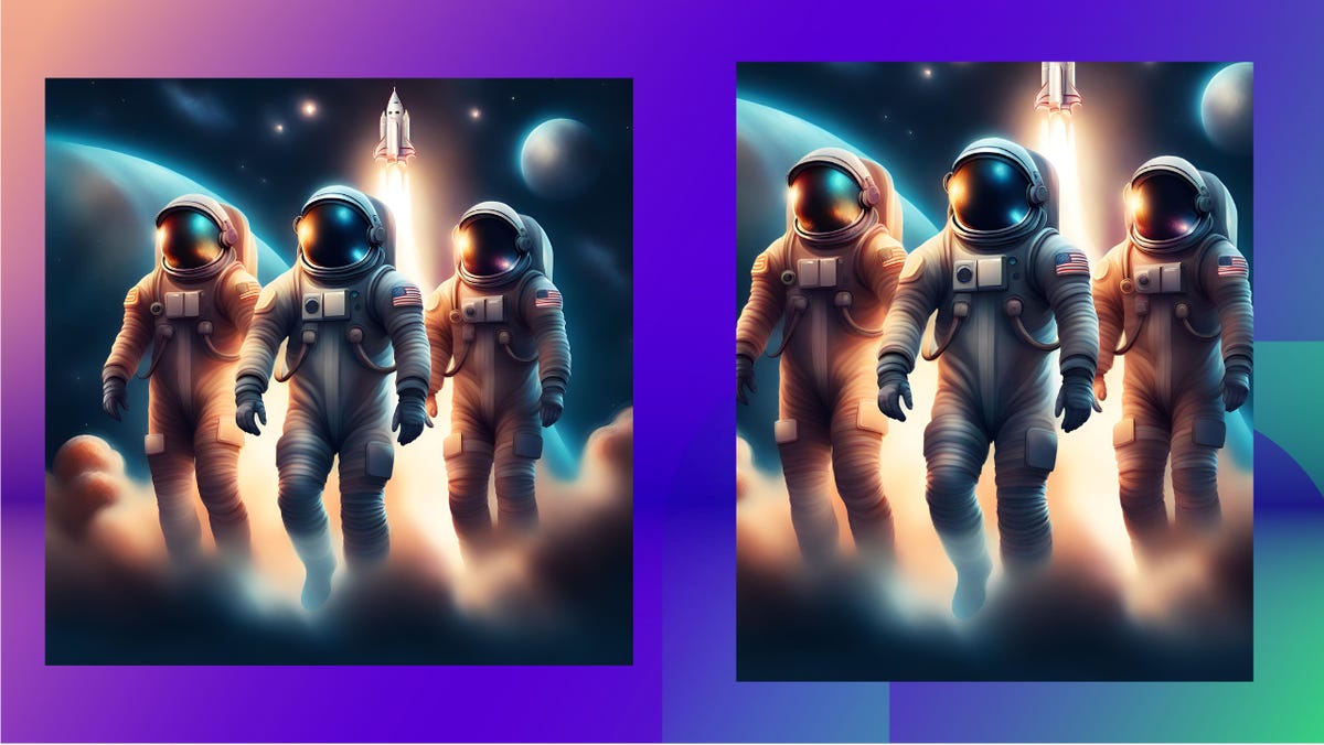 two images side by side, one square and one rectangle. they both feature astronauts in space