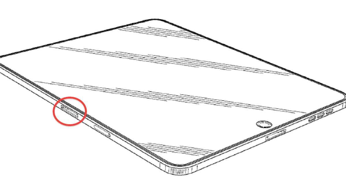 A depiction of an iPad with a side port, a design Apple was granted a patent for.