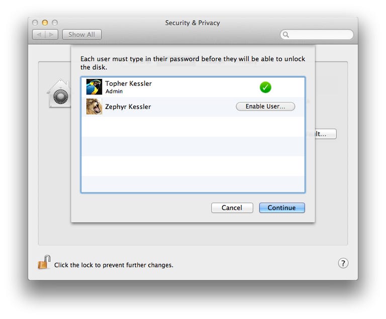 FileVault Account preferences