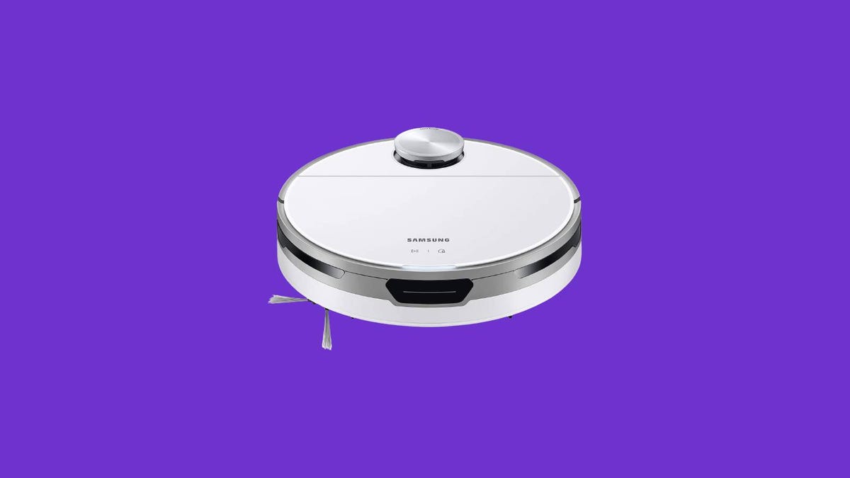 A Samsung Jet Bot robot vacuum is displayed against a purple background.