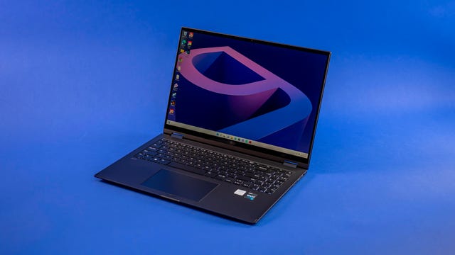 LG Gram 16 2-in-1 on a blue background