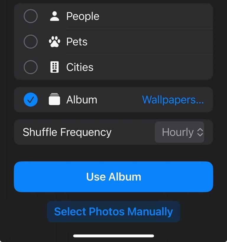 People, Pets, Cities and Album options in the Photo Shuffle menu