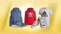 Adidas shoes and apparel against a yellow background.