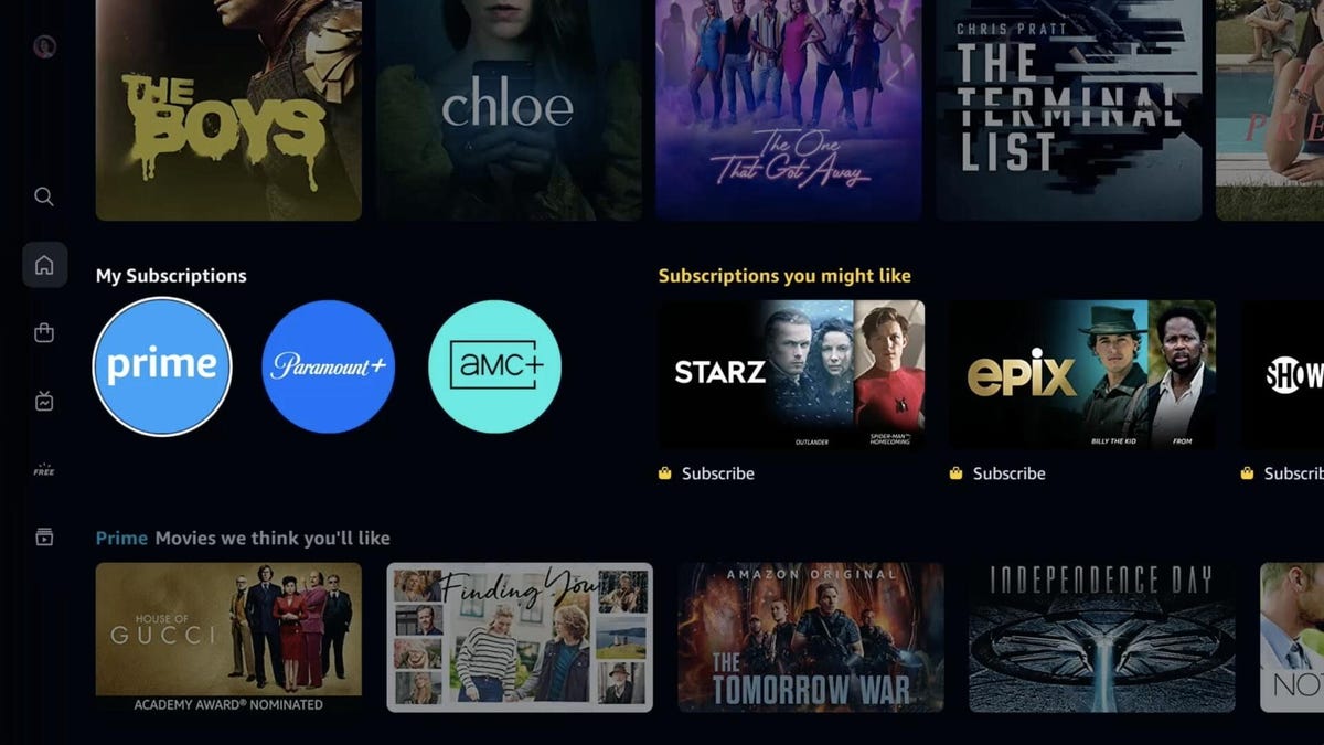 prime video menu screen with TV show posters and buttons for AMC plus, Prime and Paramount Plus